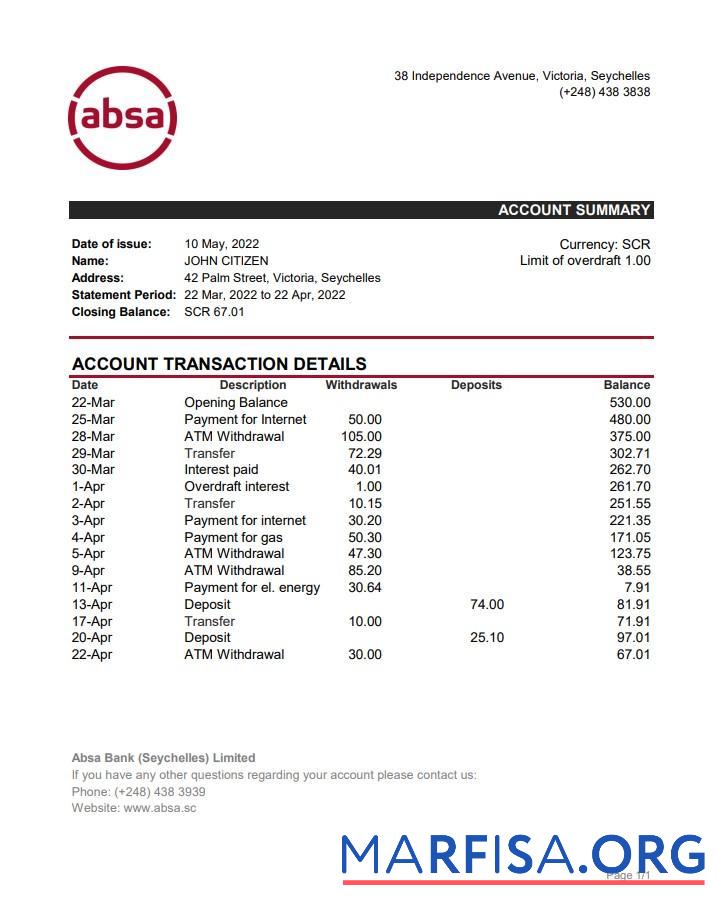Blank Seychelles ABSA bank statement excel download for verification